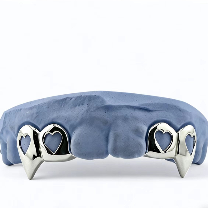 Custom Fit 4pcs Open Hearts and Extended Fangs Grillz (925 Sterling Silver/Free Mold Kit)