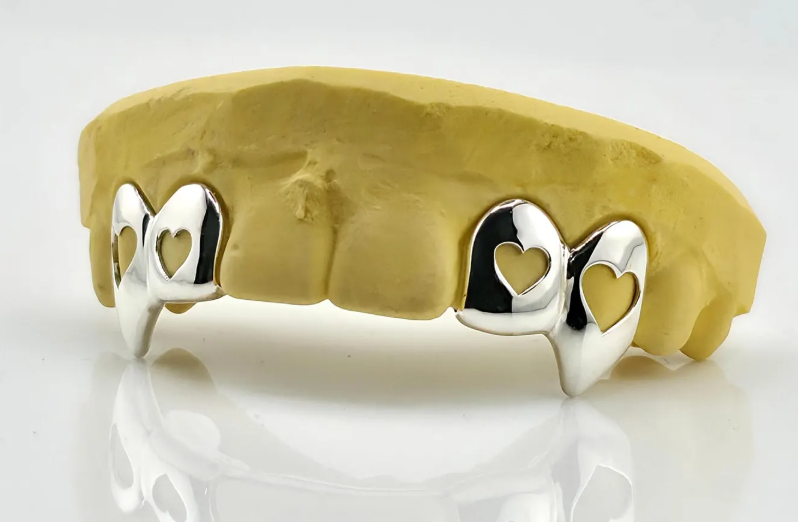 Custom Fit 4pcs Open Hearts and Extended Fangs Grillz (925 Sterling Silver/Free Mold Kit)